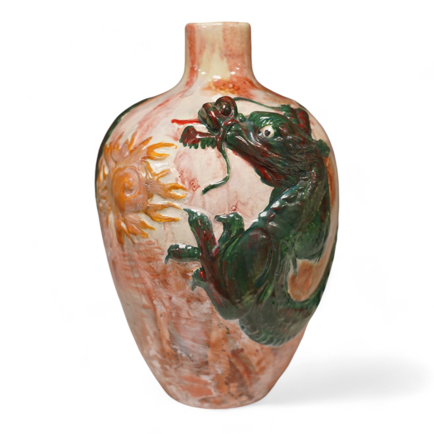 A Bretby impasto vase with raised dragon's head and body, flambé style glaze, impressed Bretby 2761?, 20cm high. Condition - good